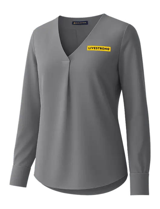 Brooks Brothers Womens Medium Grey Open-Neck Satin Blouse  w/LIVESTRONG Logo