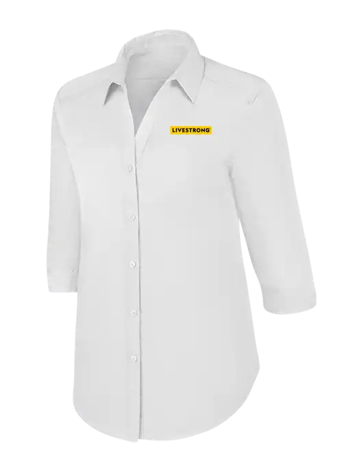 Womens White 3/4 Sleeve Carefree Poplin Shirt w/LIVESTRONG Logo