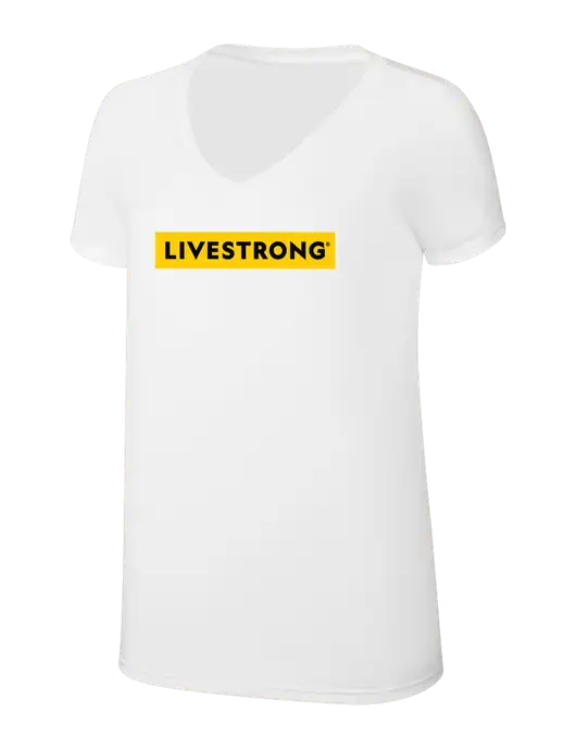 Womens Simply Soft V-Neck White 4.5oz  Poly/Combed Ring Spun Cotton T-Shirt w/LIVESTRONG Logo