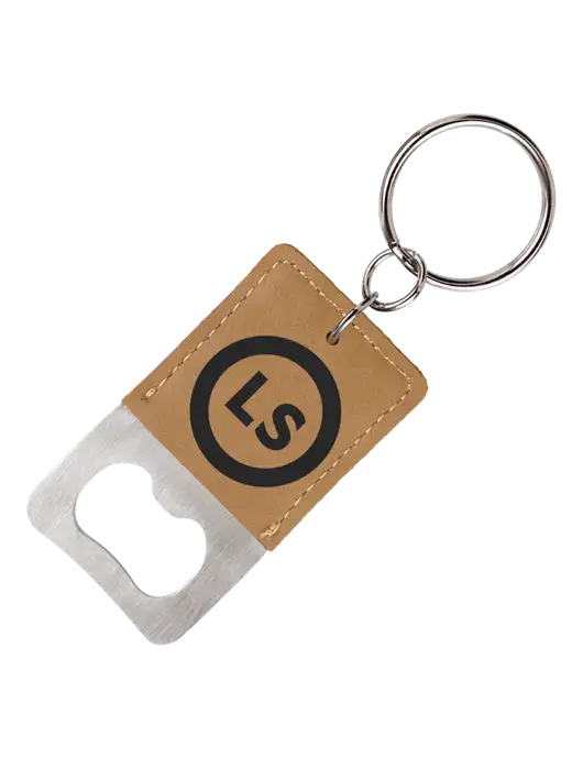 Tan Leatherette Rectangle Bottle Opener Keychain w/LS Circle Logo