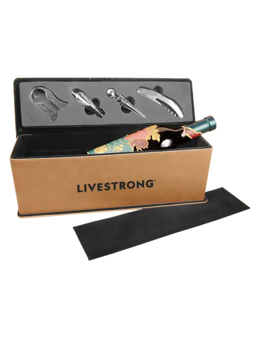 Tan Leatherette Single Wine Box with Tools w/LIVESTRONG Logo