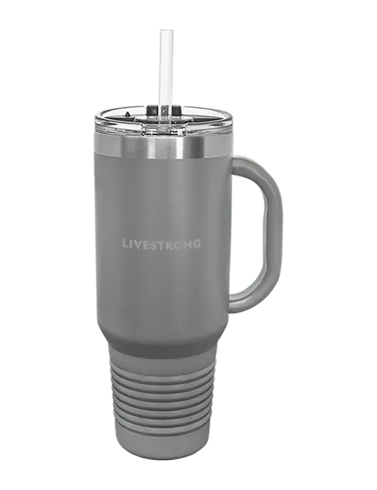 Polar Camel 40 oz. Powder Coated Vacuum Insulated Grey Travel Mug with Straw w/LIVESTRONG Logo