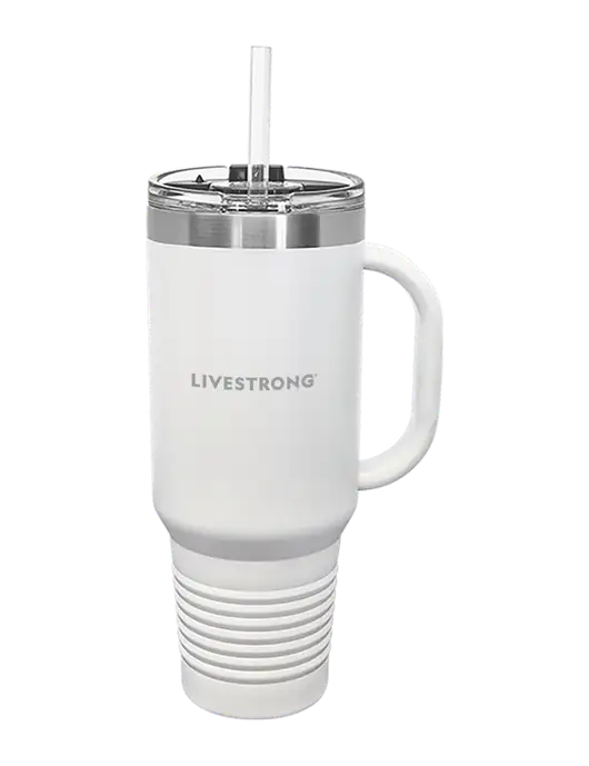 Polar Camel 40 oz. Powder Coated Vacuum Insulated White Travel Mug with Straw w/LIVESTRONG Logo