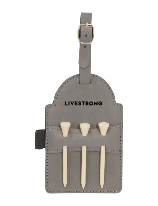 Grey Leatherette Golf Bag Tag with 3 Wooden Tees w/LIVESTRONG Logo